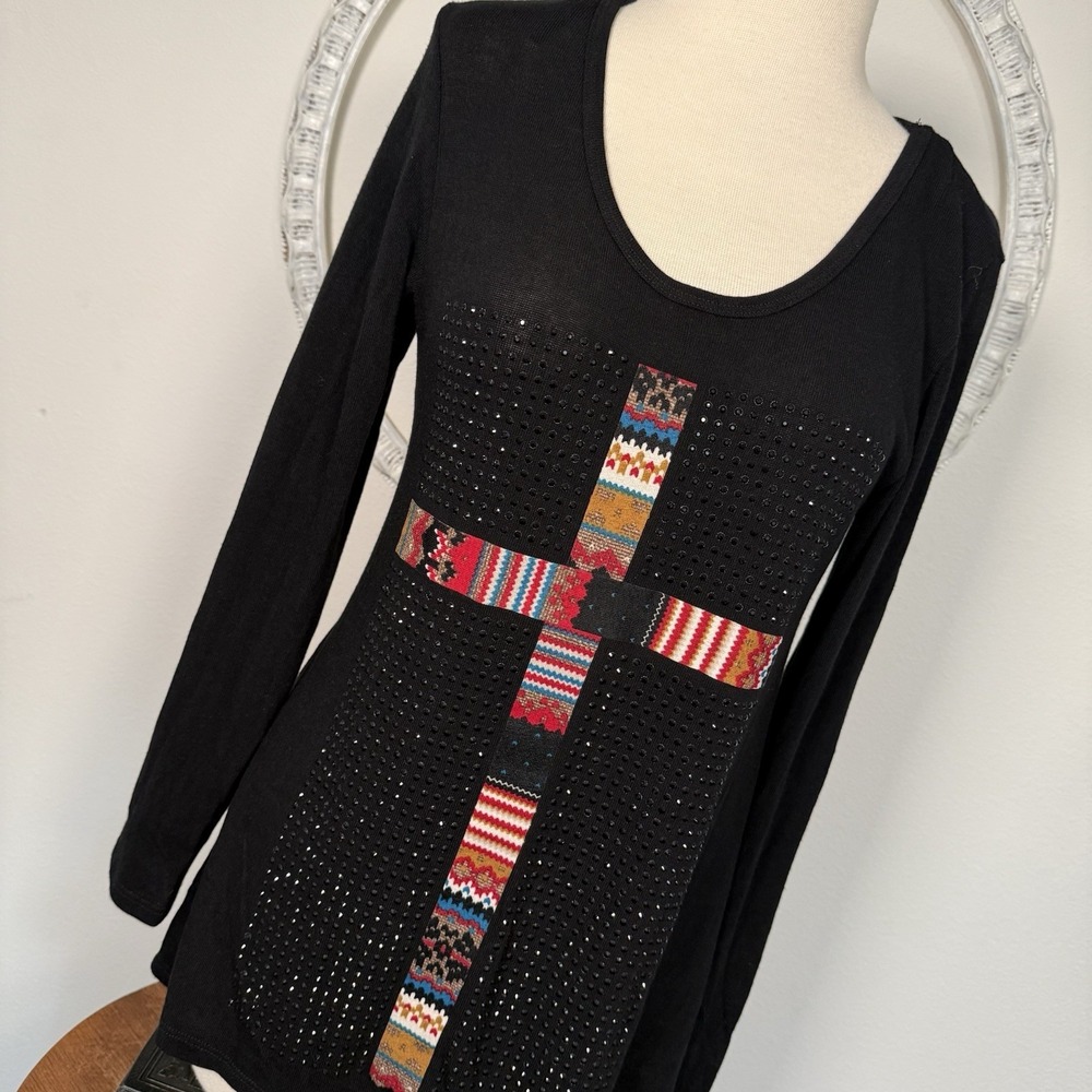 NWT VOCAL BLACK Faceted Crystal  Long Sleeve  Womens Shirt Westernl Black  M USA